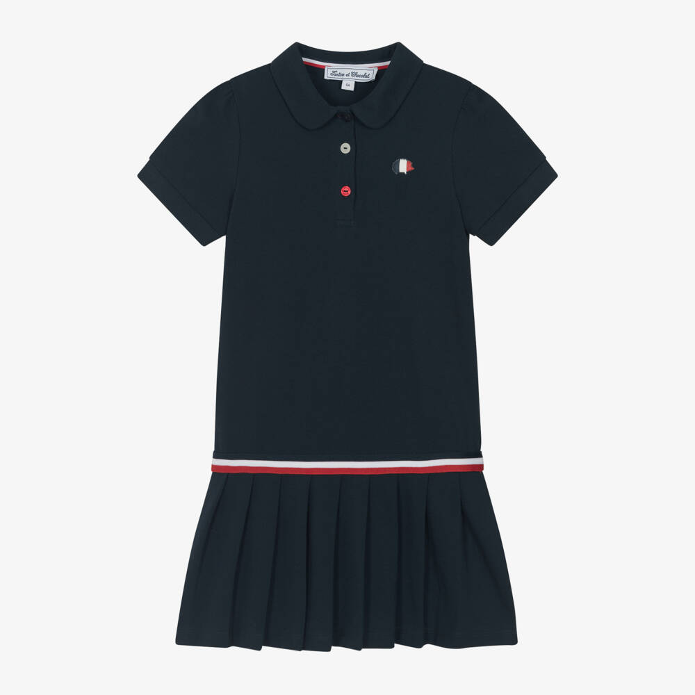 Tartine et Chocolat-Girls Navy Polo Dress with Pleats | Childrensalon Outlet