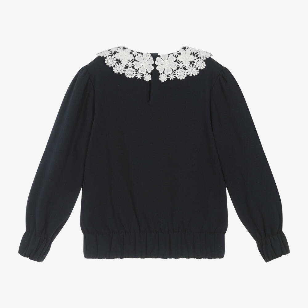 Tartine et Chocolat-Girls Navy Sweatshirt with Lace Collar | Childrensalon Outlet