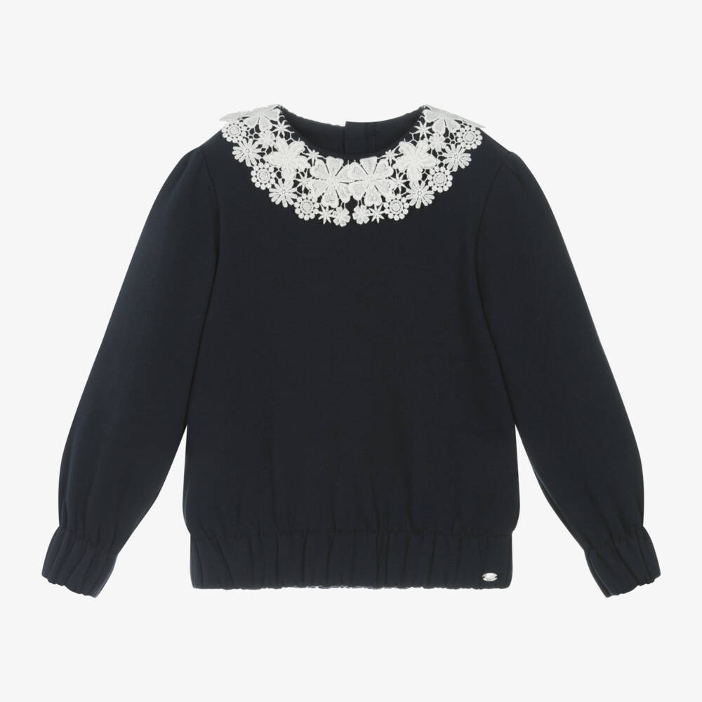Tartine et Chocolat-Girls Navy Sweatshirt with Lace Collar | Childrensalon Outlet