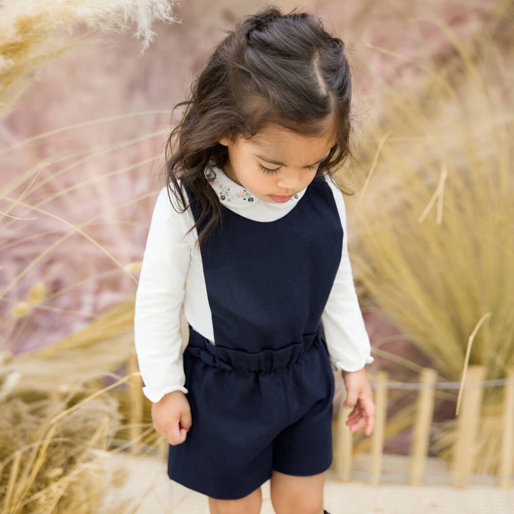 Tartine et Chocolat-Girls Navy Twill Dungaree Shorts | Childrensalon Outlet