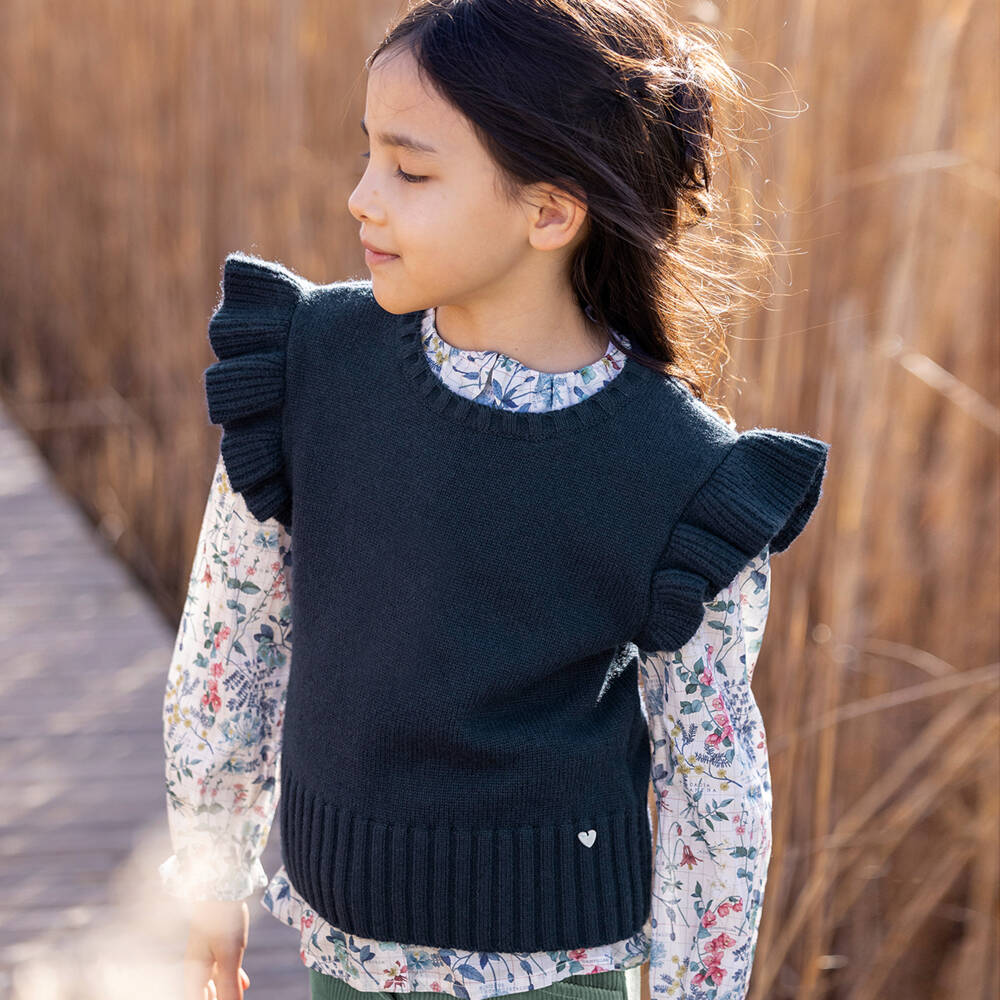 Tartine et Chocolat-Girls Navy Wool & Cashmere Vest | Childrensalon Outlet