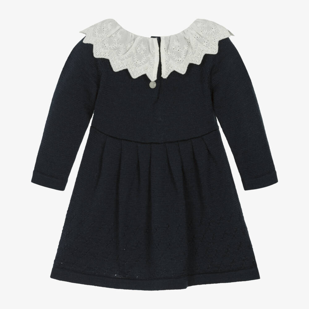 Tartine et Chocolat-Girls Navy Wool-Knit Pleated Dress | Childrensalon Outlet