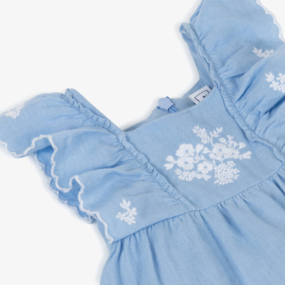 Tartine et Chocolat-Girls Pale Blue Linen Dress with Floral Embroidery | Childrensalon Outlet