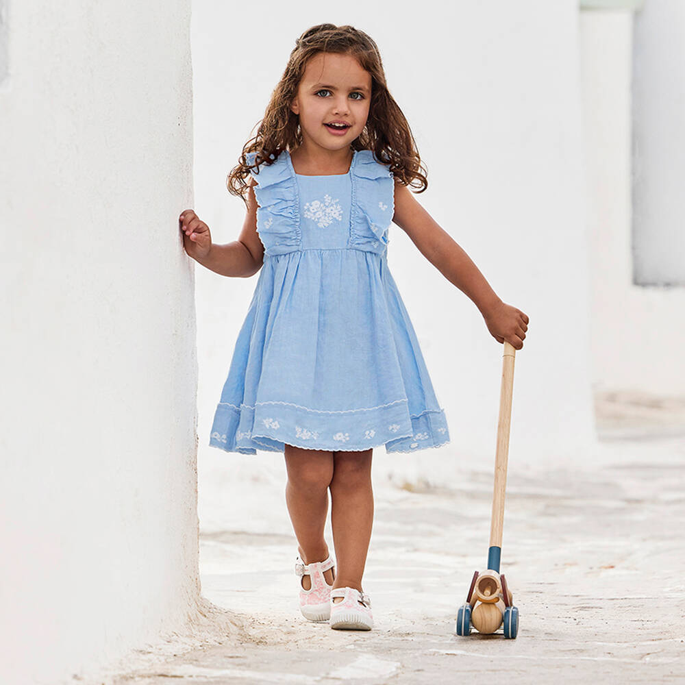 Tartine et Chocolat-Girls Pale Blue Linen Dress with Floral Embroidery | Childrensalon Outlet