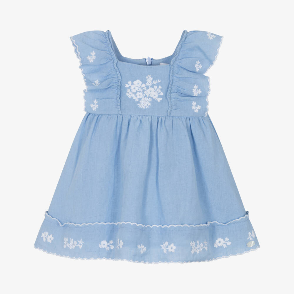 Tartine et Chocolat-Girls Pale Blue Linen Dress with Floral Embroidery | Childrensalon Outlet