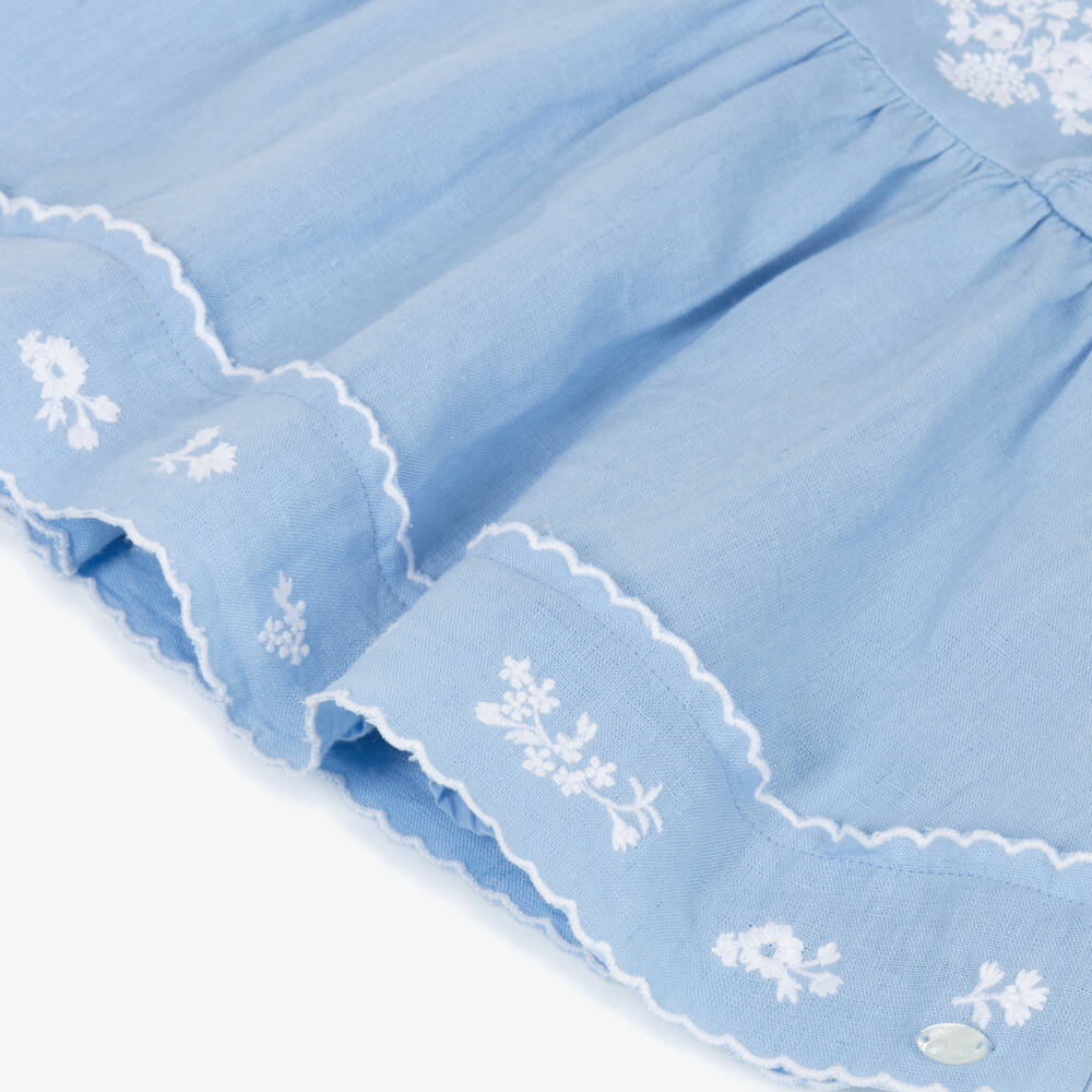 Tartine et Chocolat-Girls Pale Blue Linen Dress with Floral Embroidery | Childrensalon Outlet