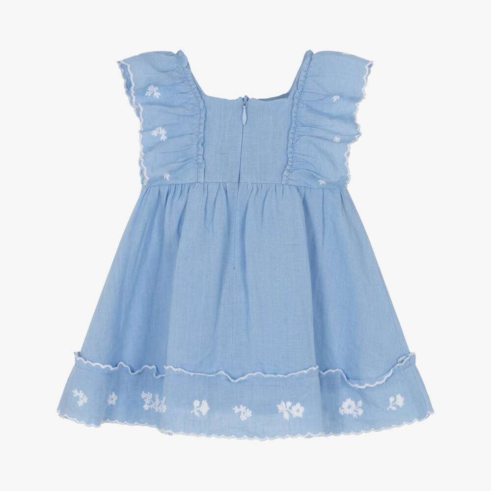 Tartine et Chocolat-Girls Pale Blue Linen Dress with Floral Embroidery | Childrensalon Outlet