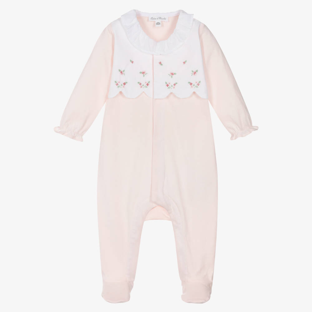 Tartine et Chocolat-Girls Pale Pink Cotton Babygrow with Embroidered Flowers | Childrensalon Outlet