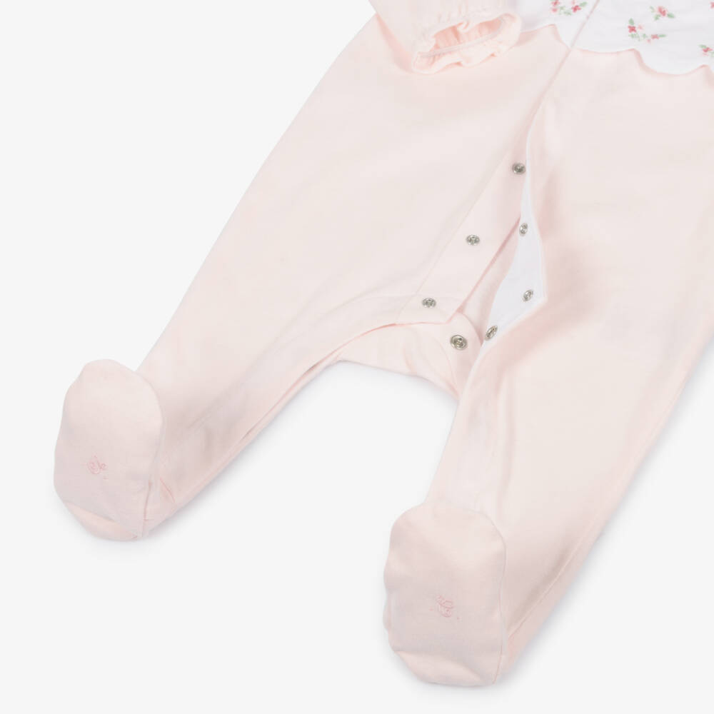 Tartine et Chocolat-Girls Pale Pink Cotton Babygrow with Embroidered Flowers | Childrensalon Outlet
