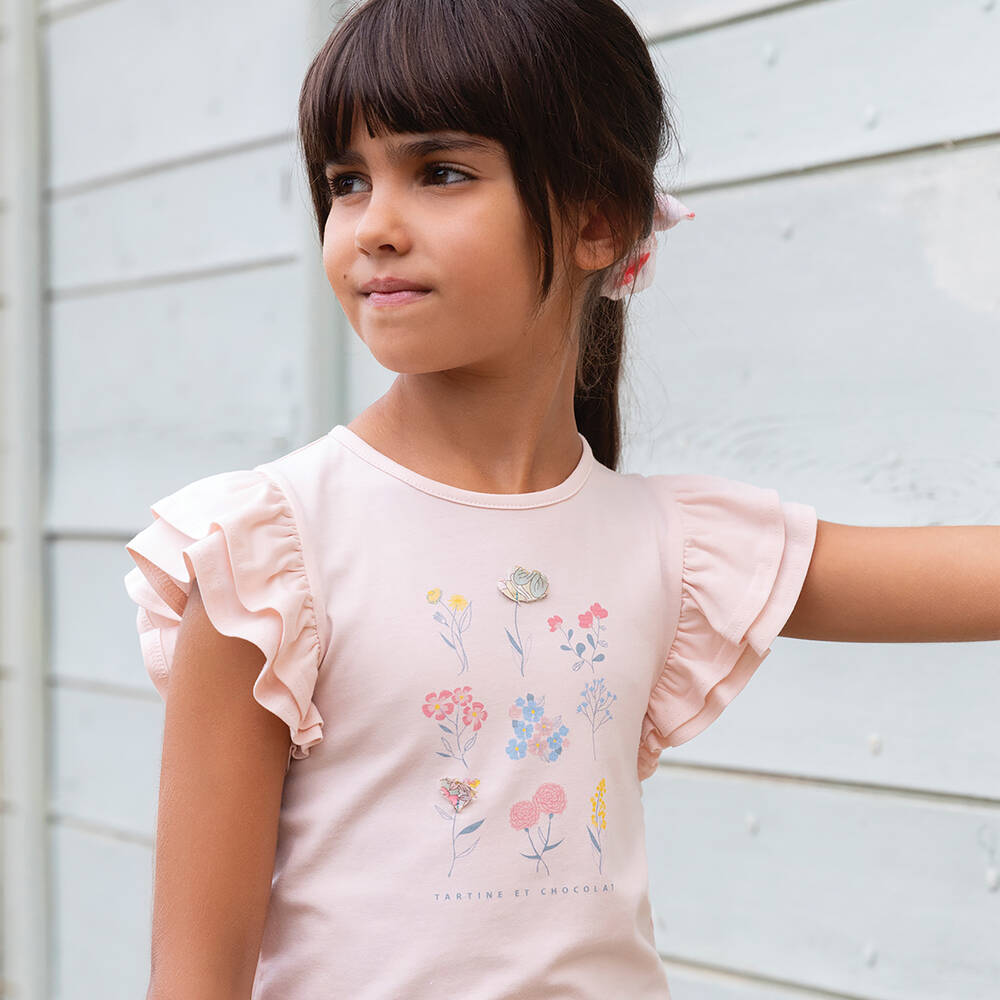 Tartine et Chocolat-Girls Pale Pink Cotton Flower T-Shirt | Childrensalon Outlet