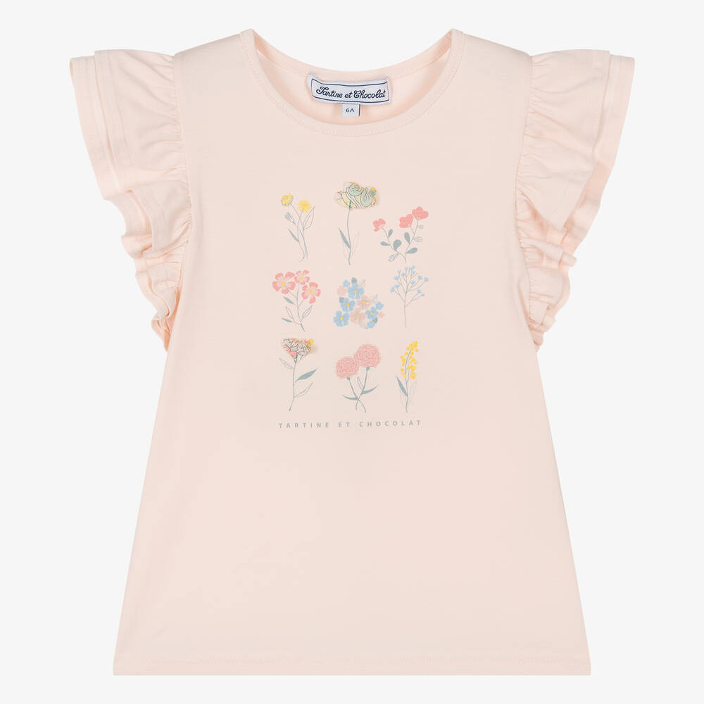 Tartine et Chocolat-Girls Pale Pink Cotton Flower T-Shirt | Childrensalon Outlet