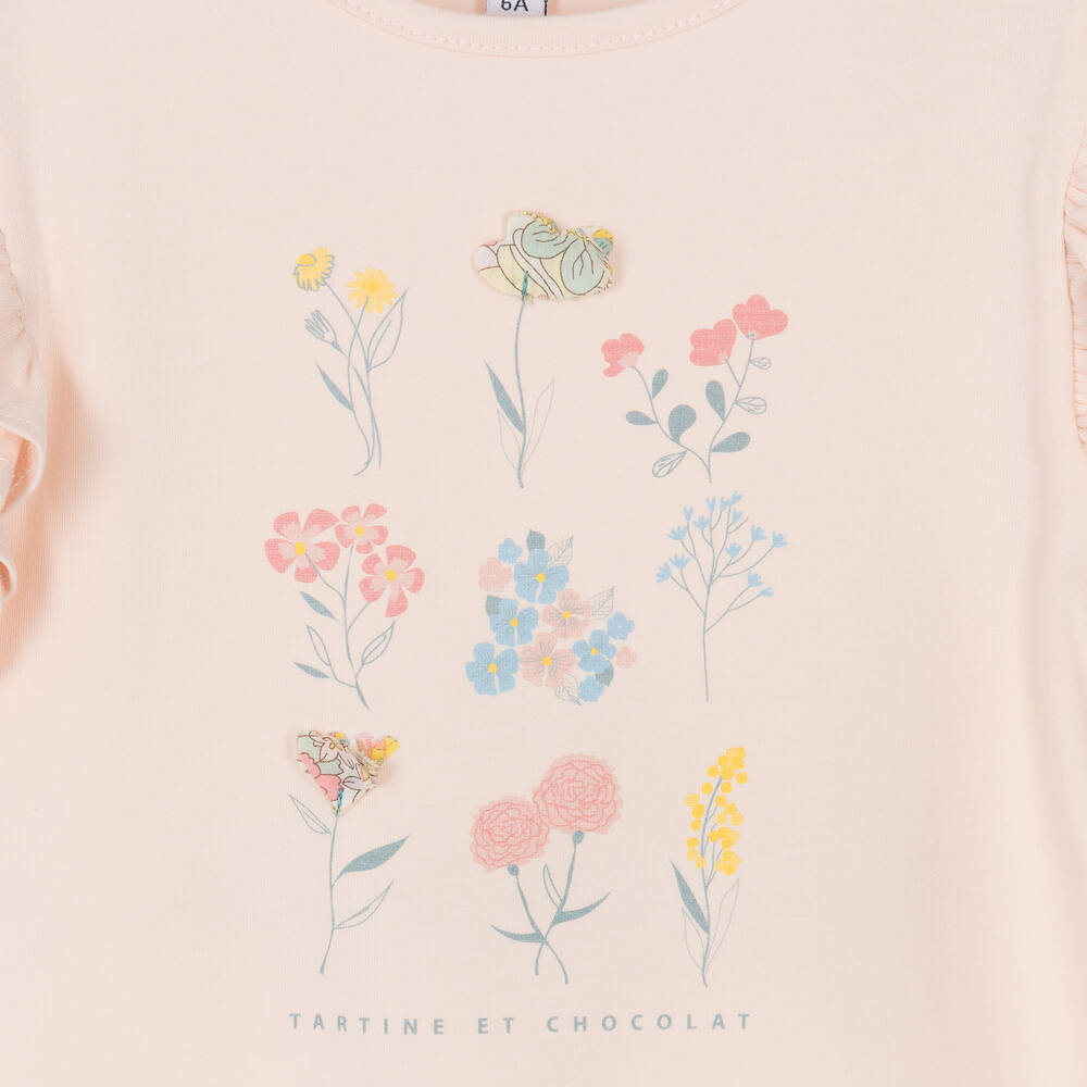 Tartine et Chocolat-Girls Pale Pink Cotton Flower T-Shirt | Childrensalon Outlet