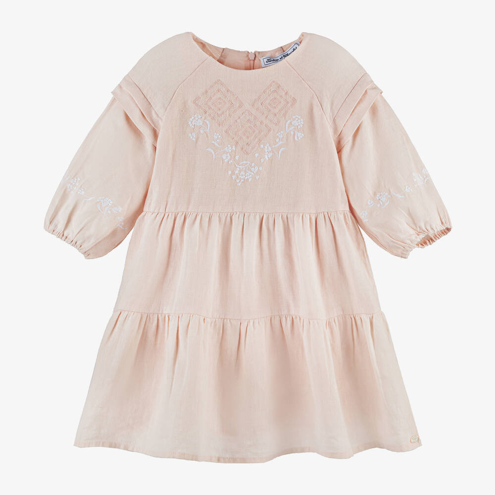 Tartine et Chocolat-Girls Pale Pink Embroidered Linen Dress | Childrensalon Outlet