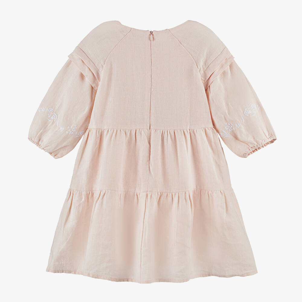 Tartine et Chocolat-فستان كتان مطرز لون زهري فاتح | Childrensalon Outlet