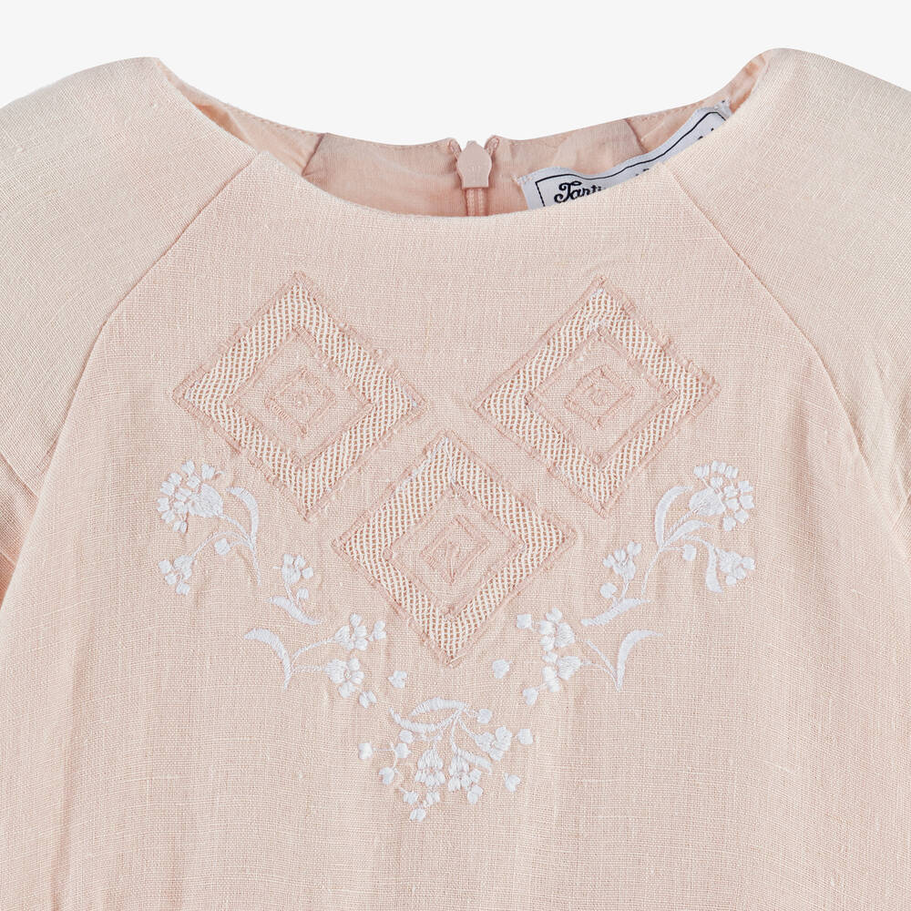 Tartine et Chocolat-فستان كتان مطرز لون زهري فاتح | Childrensalon Outlet