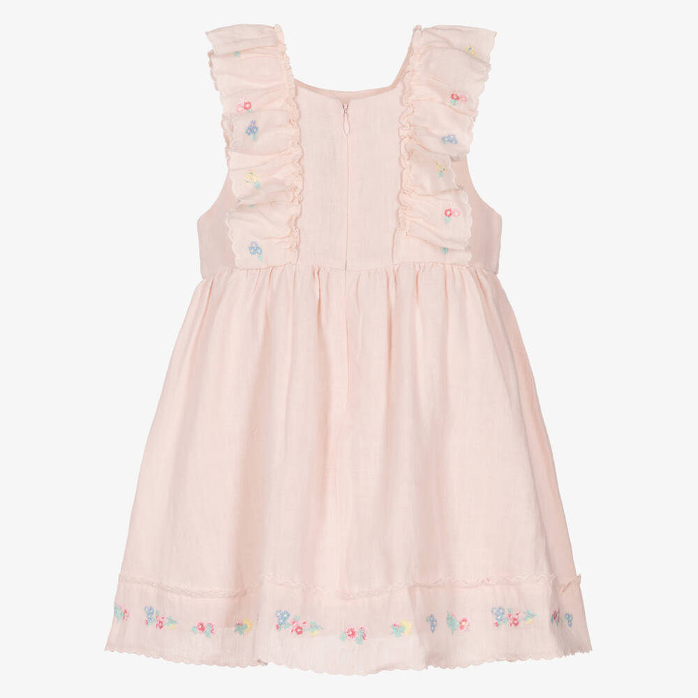 Tartine et Chocolat-Girls Pale Pink Linen Dress with Floral Embroidery | Childrensalon Outlet