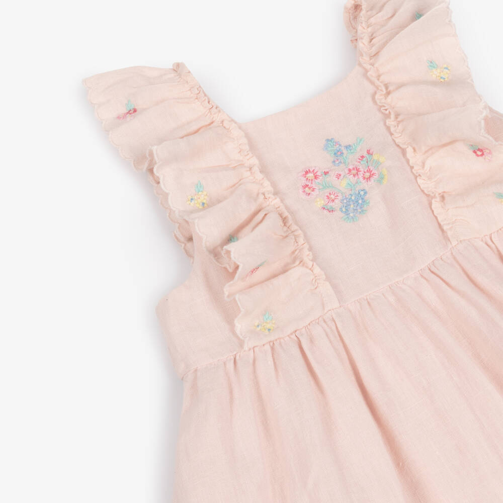 Tartine et Chocolat-Girls Pale Pink Linen Dress with Floral Embroidery | Childrensalon Outlet