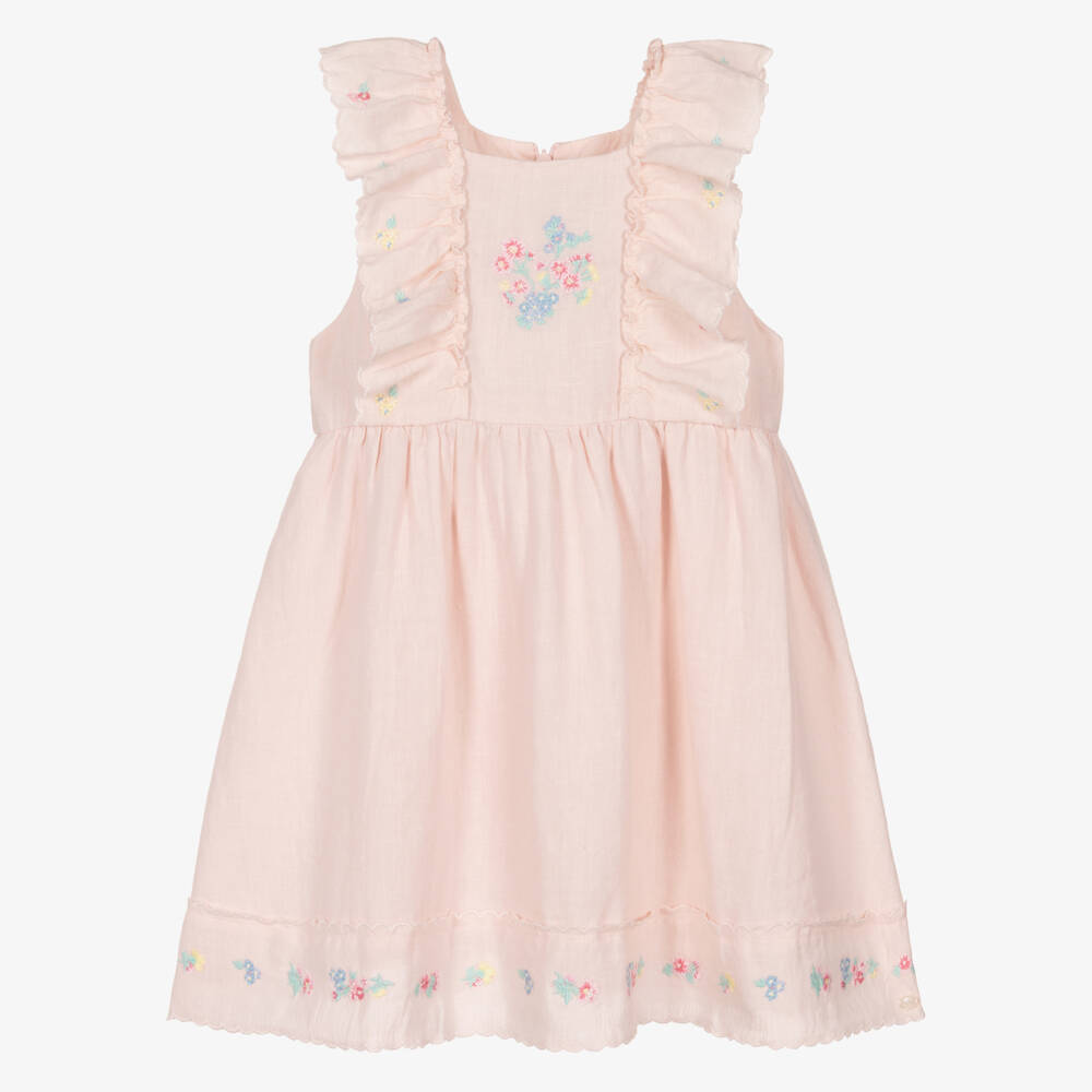 Tartine et Chocolat-Girls Pale Pink Linen Dress with Floral Embroidery | Childrensalon Outlet
