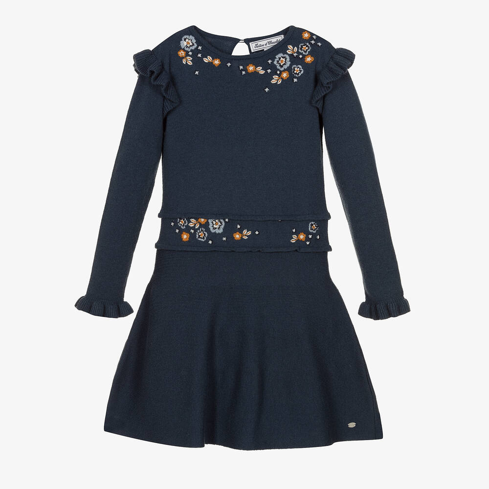 Tartine et Chocolat - Girls Petrol Blue Wool Dress | Childrensalon