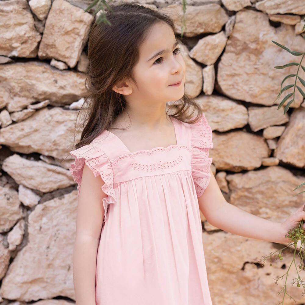 Tartine et Chocolat-Girls Pink Cotton Cut Work Dress | Childrensalon Outlet