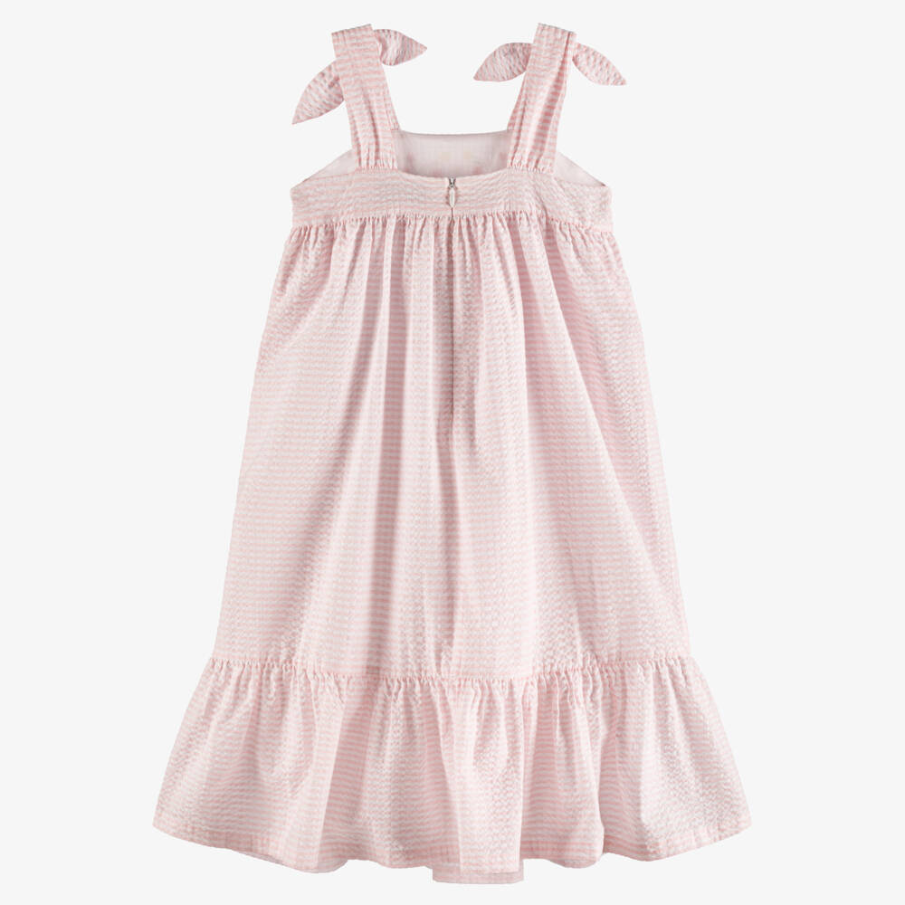 Tartine et Chocolat-Girls Pink Cotton Seersucker Dress with Floral Embroidery | Childrensalon Outlet