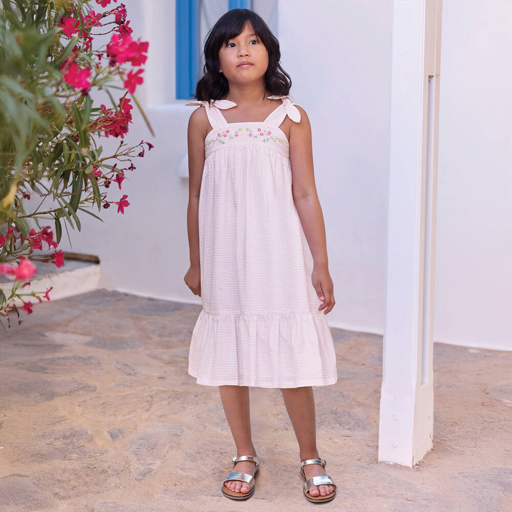 Tartine et Chocolat-Girls Pink Cotton Seersucker Dress with Floral Embroidery | Childrensalon Outlet