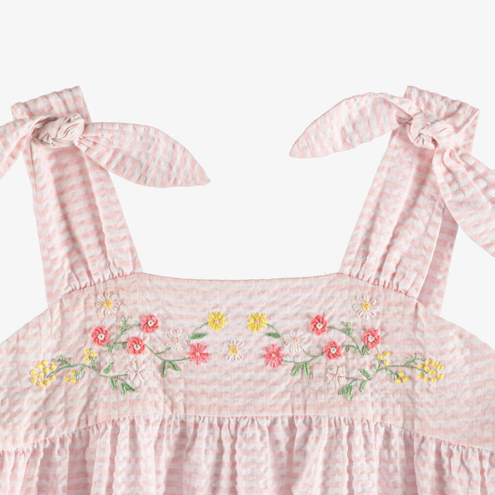 Tartine et Chocolat-Girls Pink Cotton Seersucker Dress with Floral Embroidery | Childrensalon Outlet