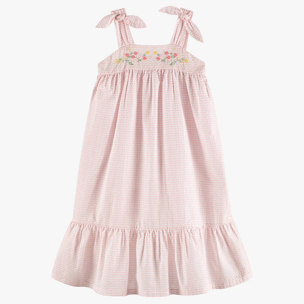 Tartine et Chocolat-Girls Pink Cotton Seersucker Dress with Floral Embroidery | Childrensalon Outlet