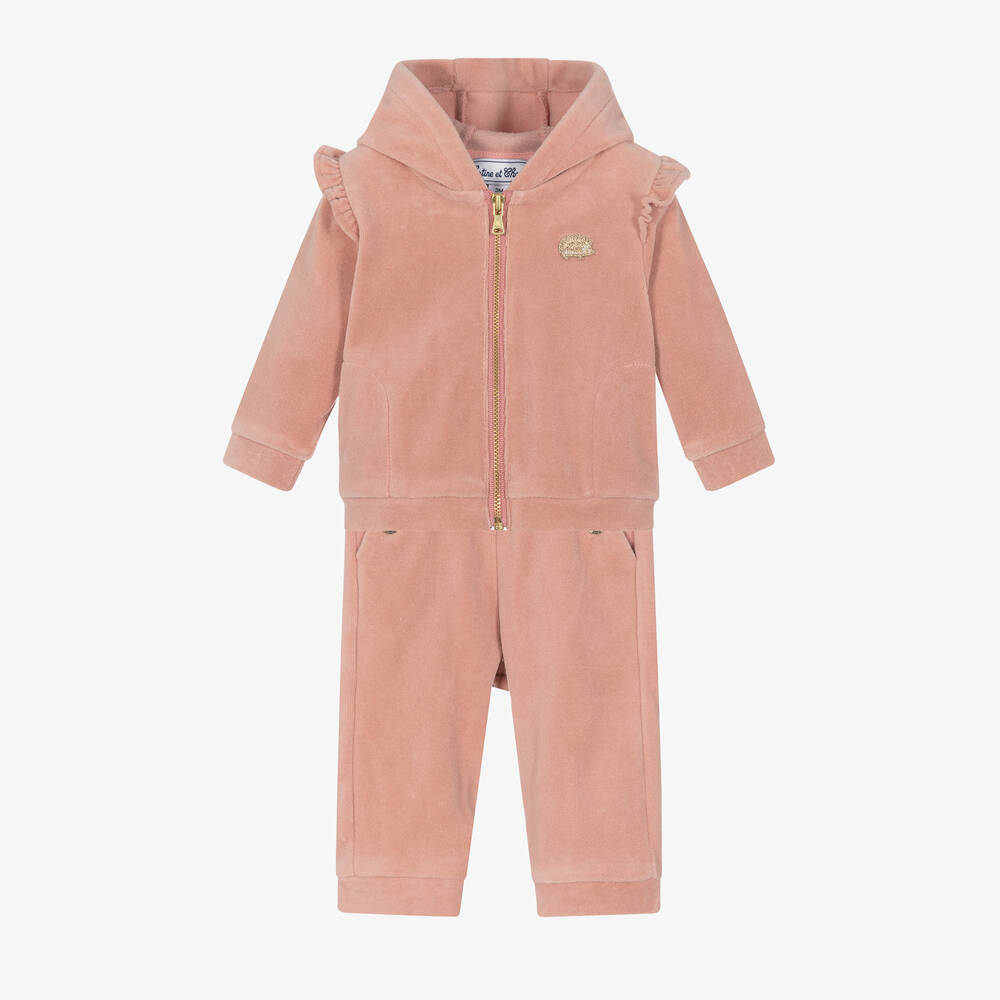 Tartine et Chocolat-Girls Pink Cotton Velour Tracksuit  | Childrensalon Outlet