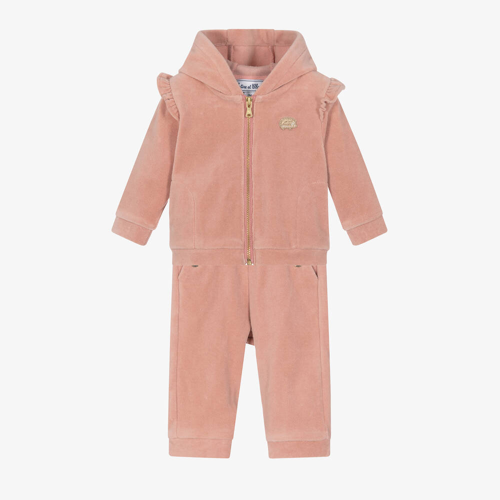 Tartine et Chocolat - Girls Pink Cotton Velour Tracksuit  | Childrensalon