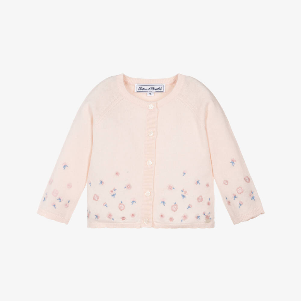 Tartine et Chocolat-Girls Pink Embroidered Floral Knitted Cardigan | Childrensalon Outlet