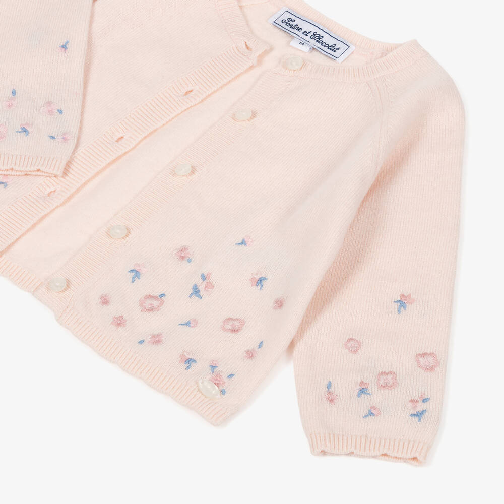 Tartine et Chocolat-Girls Pink Embroidered Floral Knitted Cardigan | Childrensalon Outlet