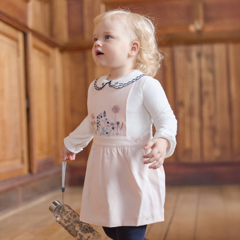 Tartine et Chocolat-Girls Pink Floral Embroidered Pinafore Dress | Childrensalon Outlet