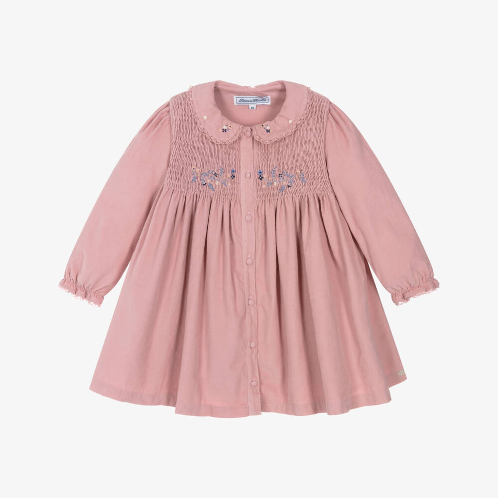 Tartine et Chocolat-Girls Pink Floral Embroidery Needlecord Dress  | Childrensalon Outlet