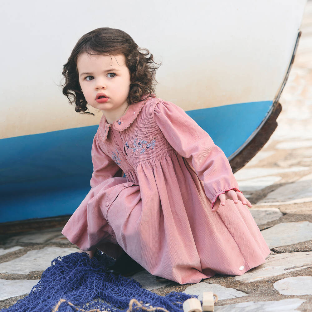 Tartine et Chocolat-Girls Pink Floral Embroidery Needlecord Dress | Childrensalon Outlet