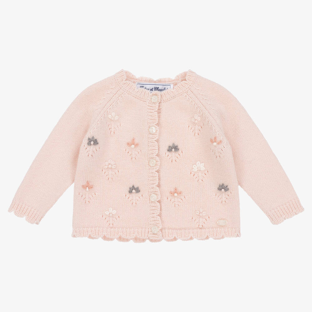 Tartine et Chocolat - Girls Pink Floral Knit Cardigan | Childrensalon