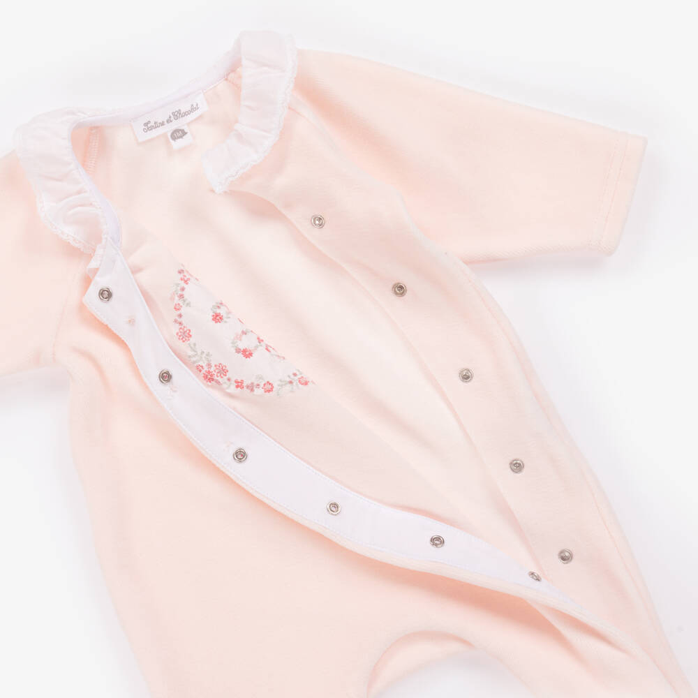 Tartine et Chocolat-Girls Pink Floral Velour Sleepsuit | Childrensalon Outlet
