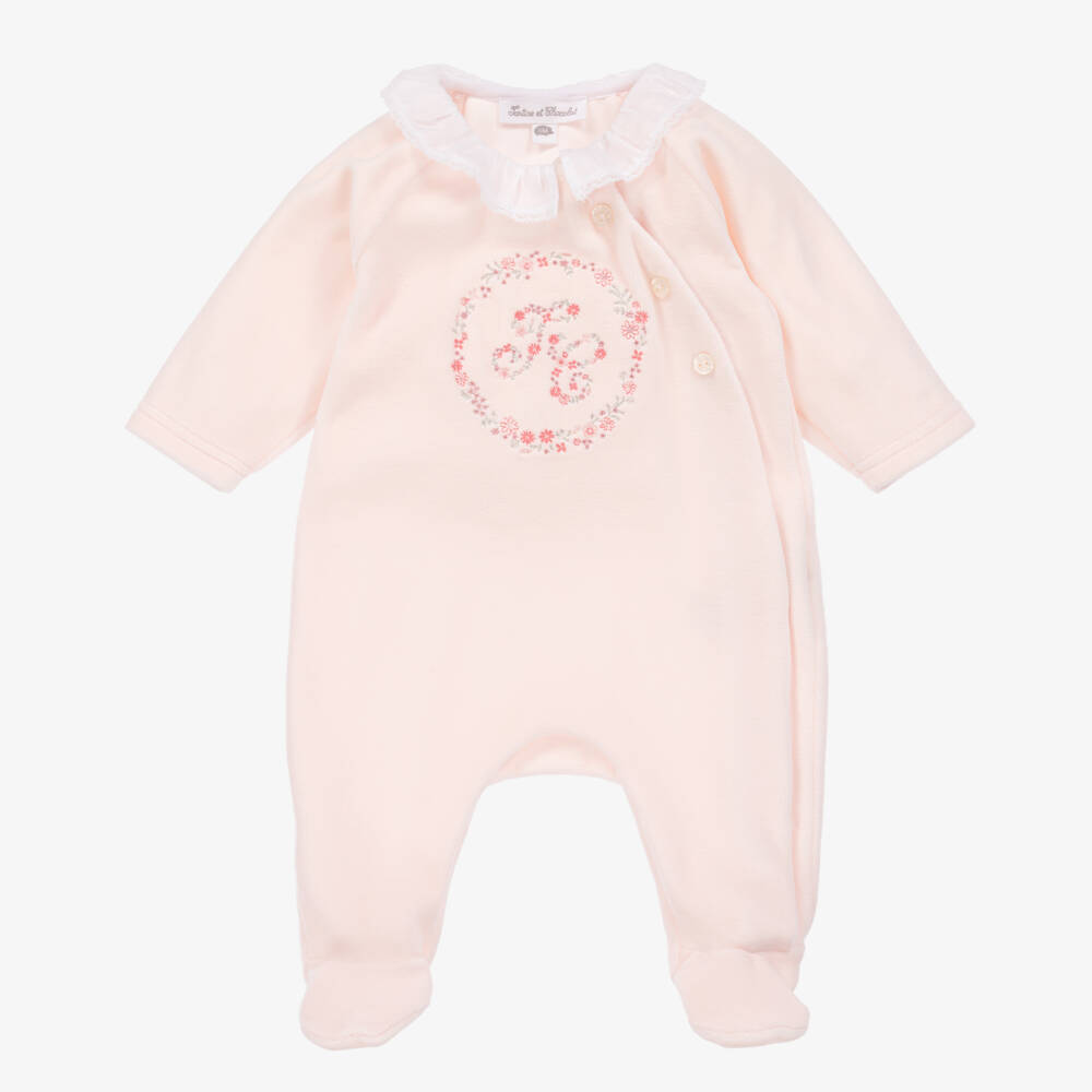 Tartine et Chocolat-Girls Pink Floral Velour Sleepsuit | Childrensalon Outlet