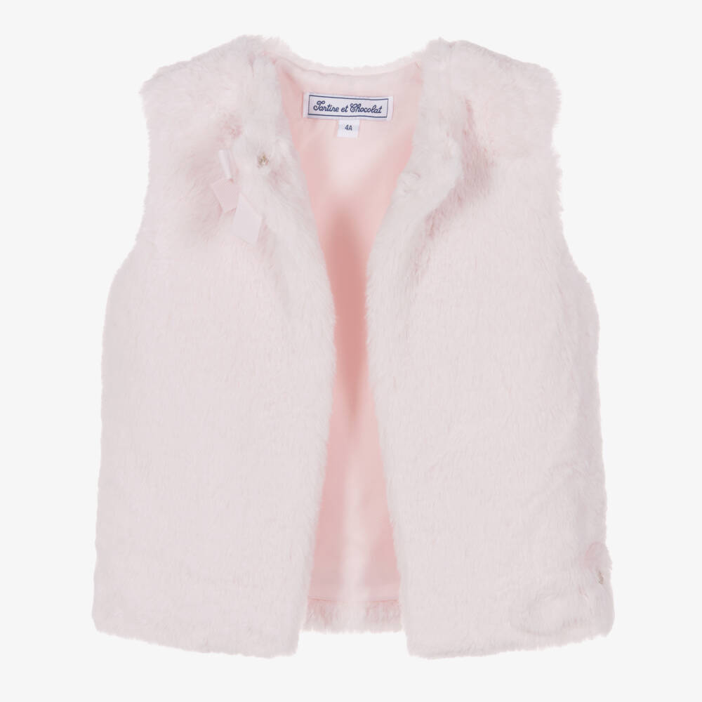Tartine et Chocolat-Girls Pink Fur Gilet with Grosgrain Ribbon Bow | Childrensalon Outlet
