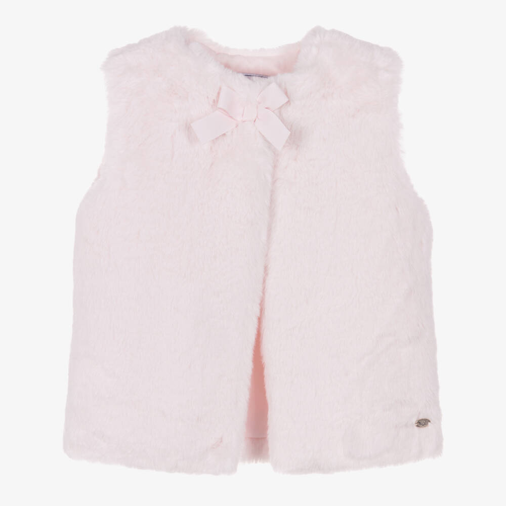 Tartine et Chocolat-Girls Pink Fur Gilet with Grosgrain Ribbon Bow | Childrensalon Outlet