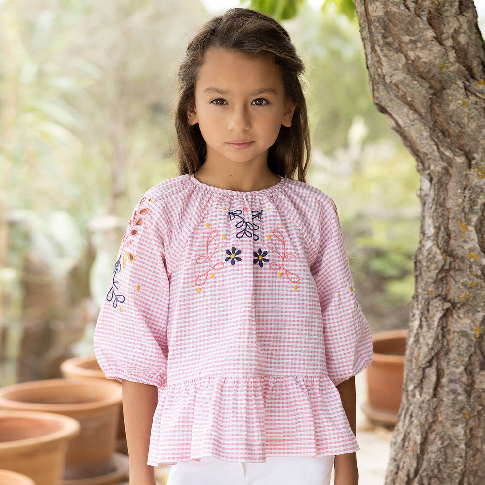 Tartine et Chocolat-Girls Pink Gingham Seersucker Blouse | Childrensalon Outlet