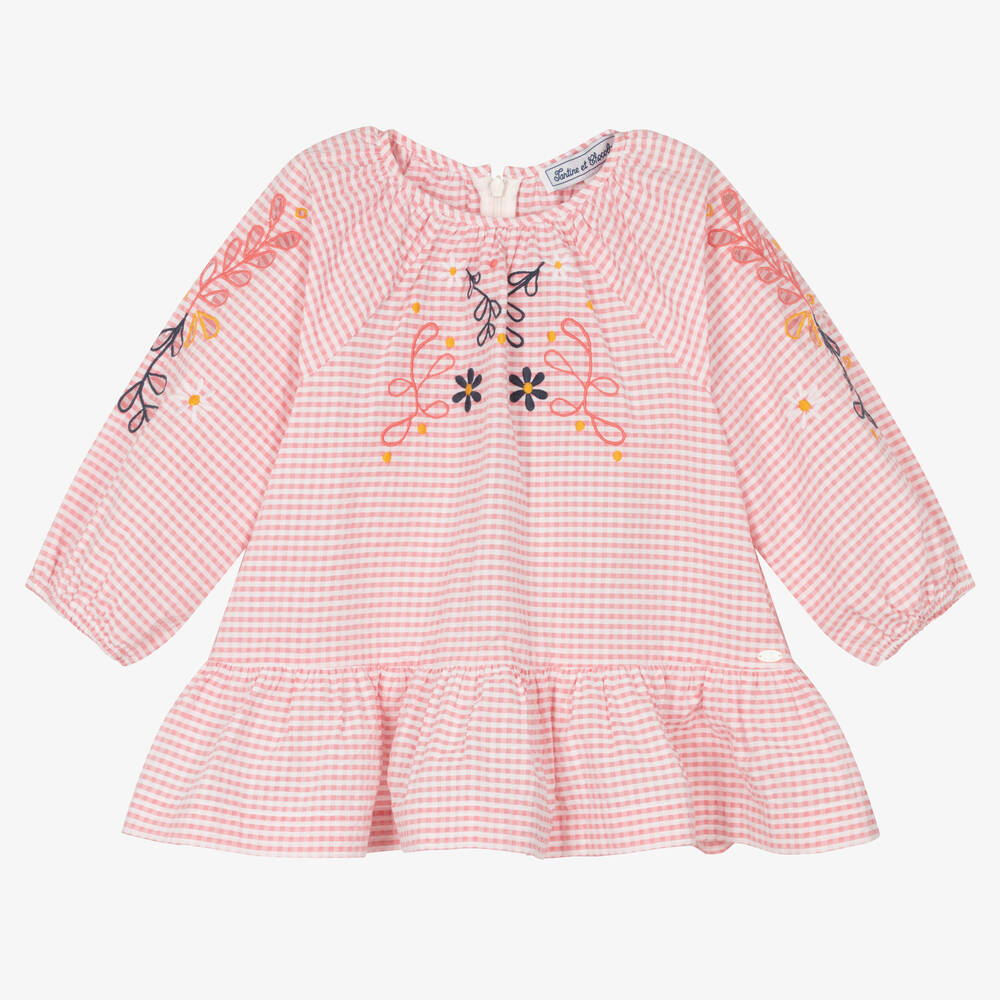 Tartine et Chocolat - Girls Pink Gingham Seersucker Blouse | Childrensalon