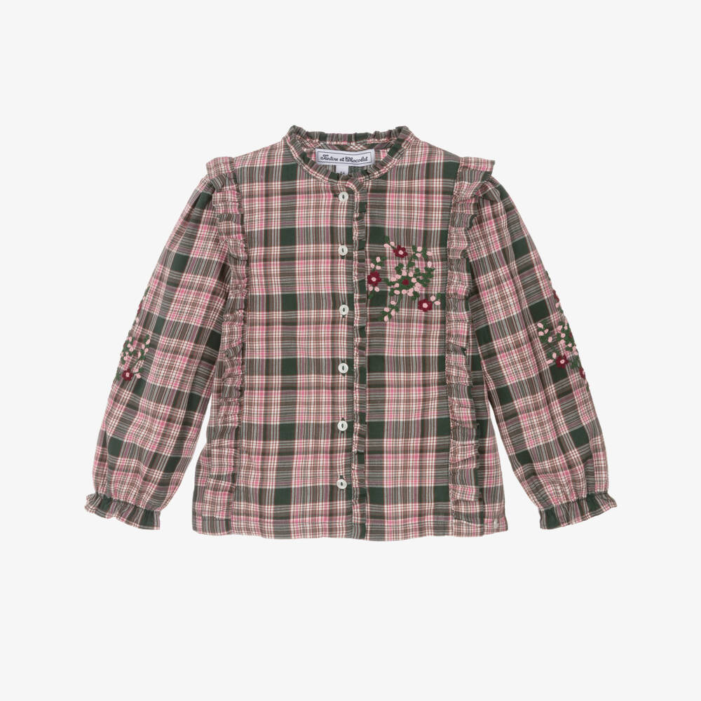 Tartine et Chocolat-Girls Pink & Green Tartan Cotton Blouse | Childrensalon Outlet
