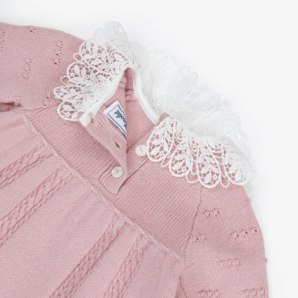 Tartine et Chocolat-Girls Pink Knitted Dress with Lace Collar | Childrensalon Outlet