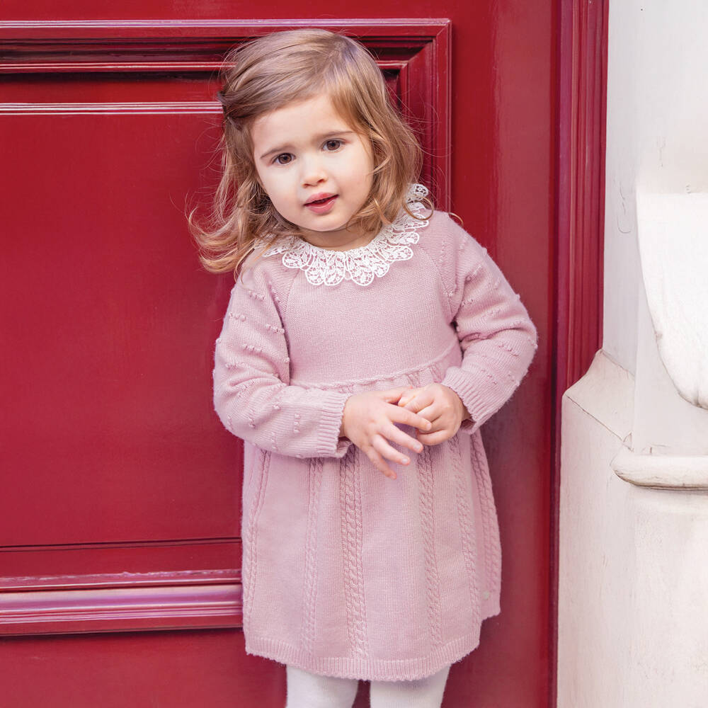 Tartine et Chocolat-Girls Pink Knitted Dress with Lace Collar | Childrensalon Outlet