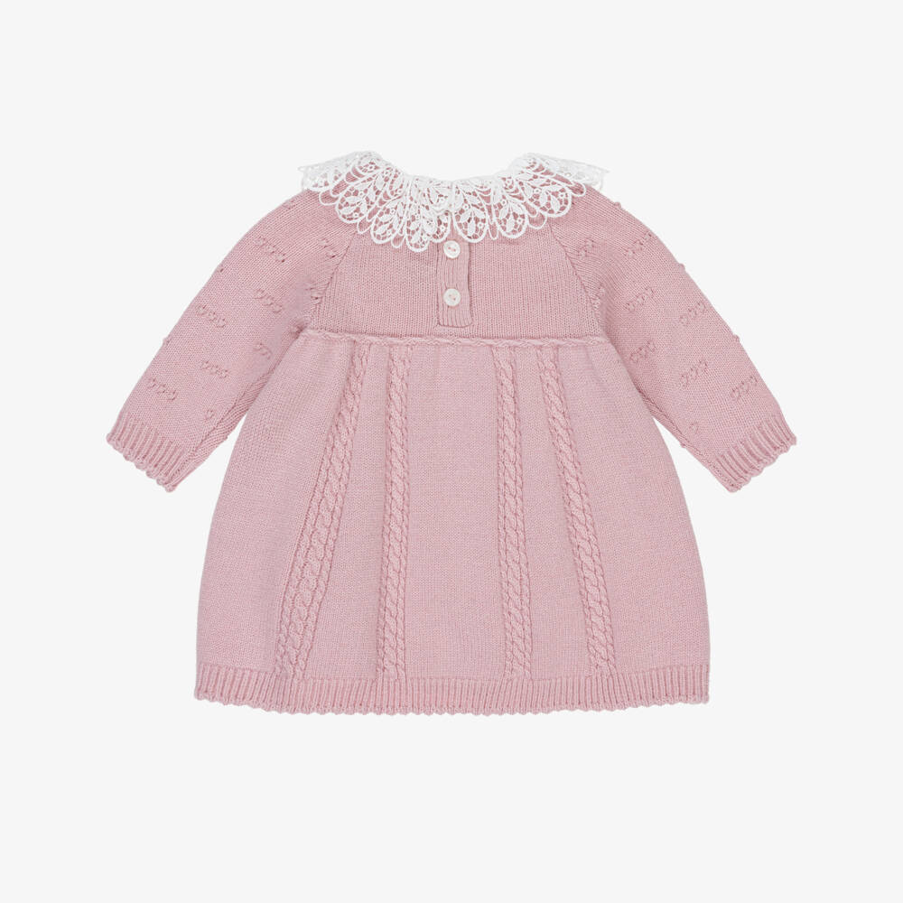 Tartine et Chocolat-Girls Pink Knitted Dress with Lace Collar | Childrensalon Outlet