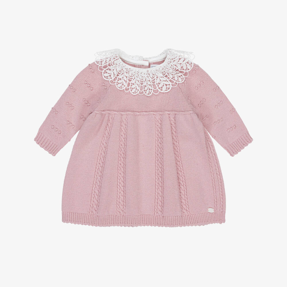 Tartine et Chocolat-Girls Pink Knitted Dress with Lace Collar | Childrensalon Outlet