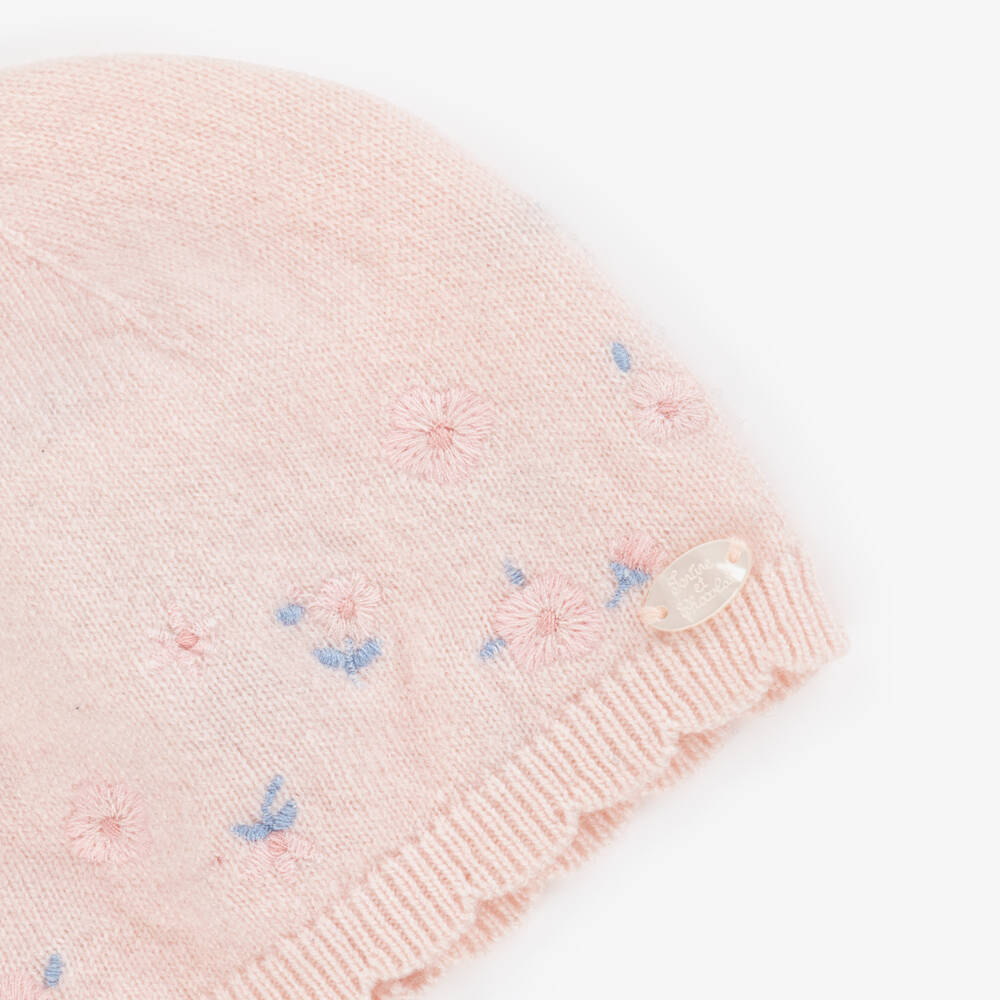 Tartine et Chocolat-Girls Pink Knitted Hat with Embroidered Flowers | Childrensalon Outlet