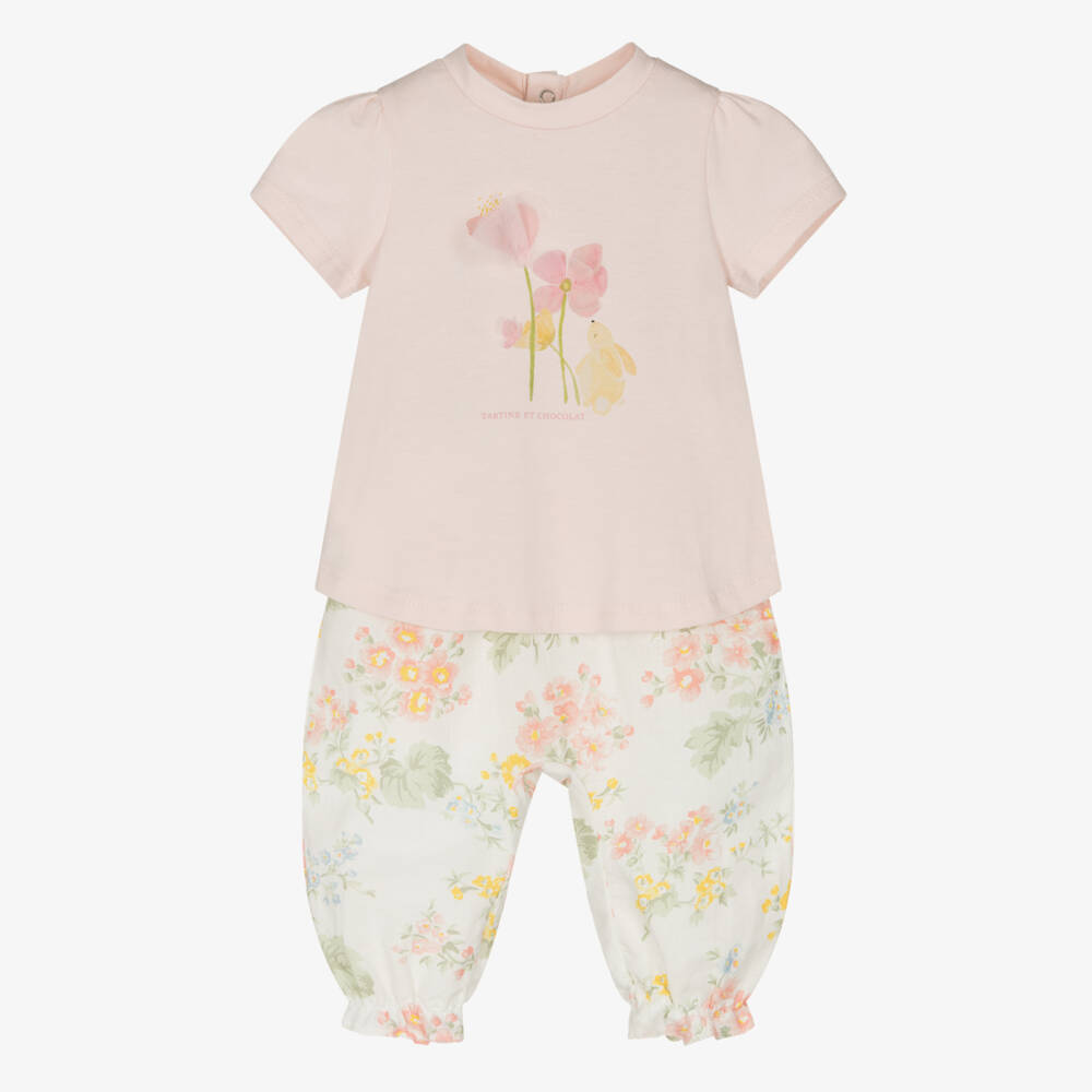 Tartine et Chocolat-Girls Pink Linen Floral Ensemble | Childrensalon Outlet