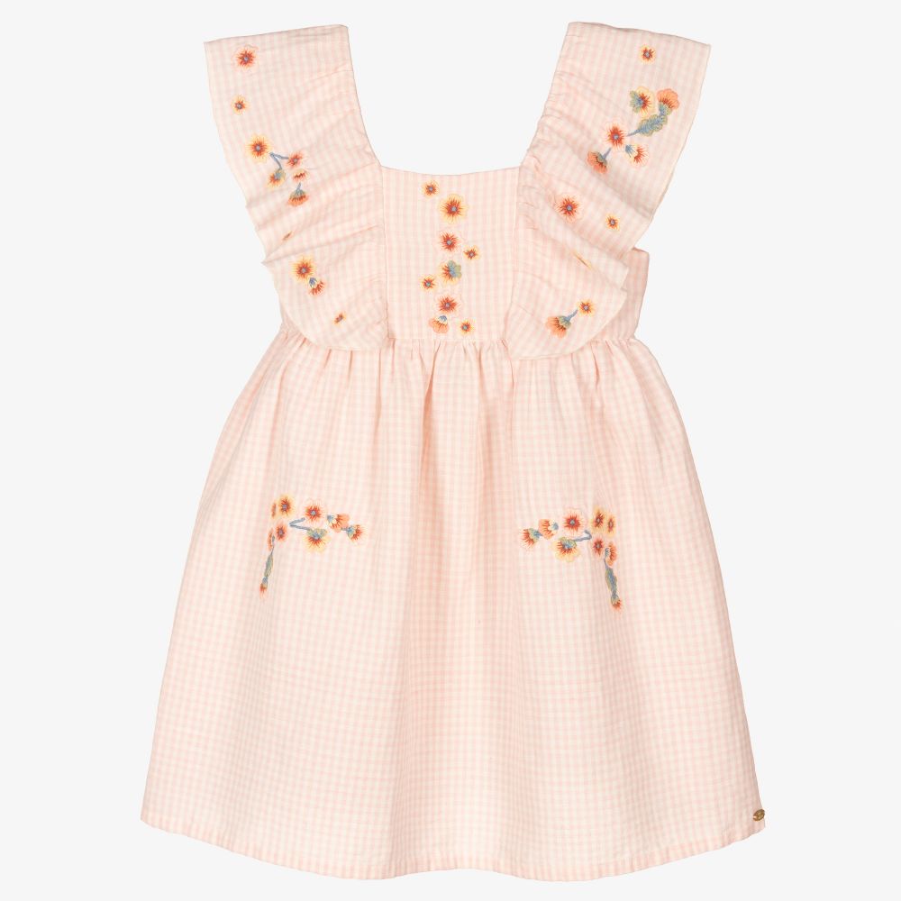 Tartine et Chocolat - Girls Pink Linen Gingham Dress | Childrensalon